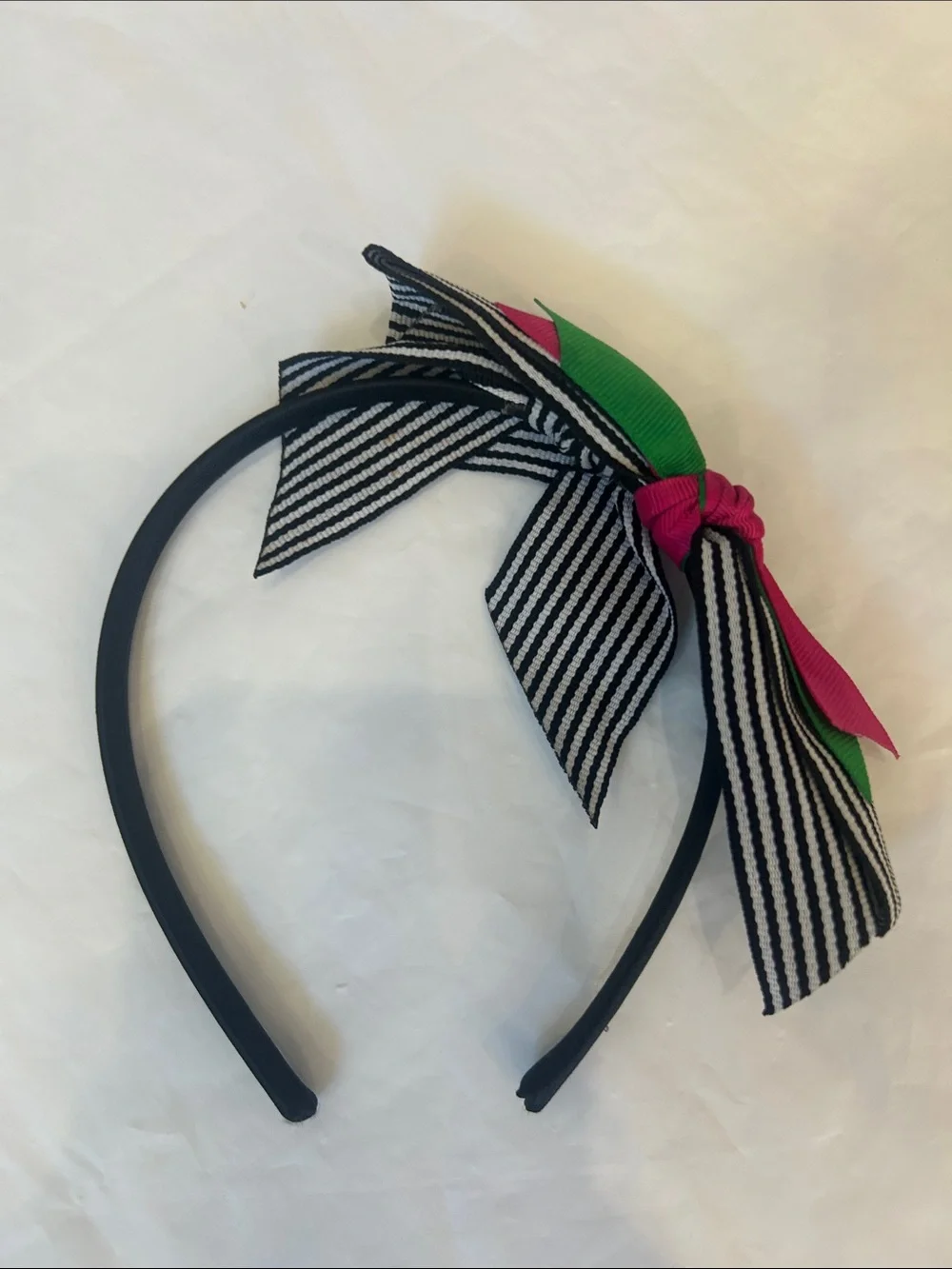 Gymboree Black Headband with Striped Bow and Pink & Green Ribbon